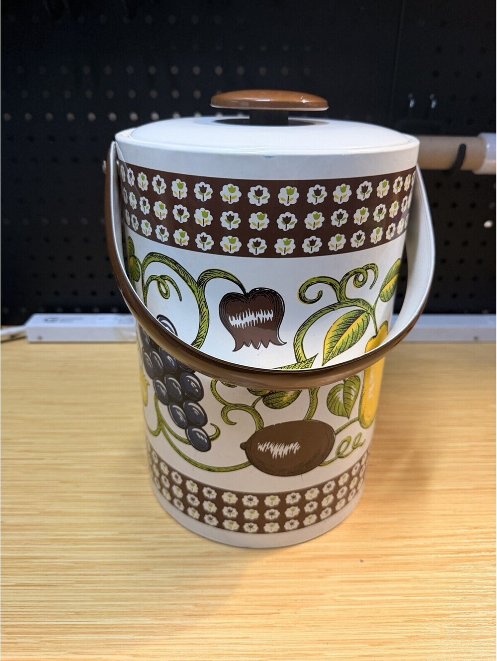 Georges Briard Vintage Retro MCM Ice Bucket Tan Brown Vinyl Floral & Fruit 11” *